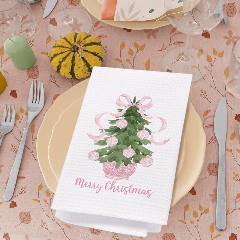 SPBL&L Merry Chinoiserie Christmas Kitchen Towels, Pink Bow Tree Decorative Hand Towels for Bathroom, Dish Towels, Kitchen Bathroom Decor, 16x24 Inch - Image 4
